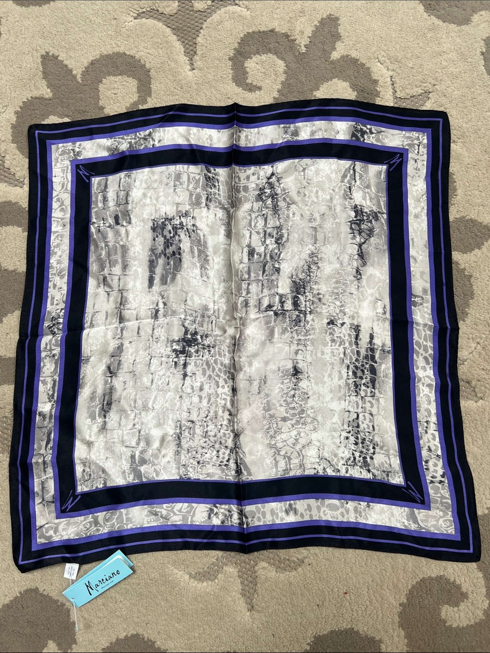 Marciano 100% SilkDecorative Square Scarf in Black, White & Purple 21”x21”
